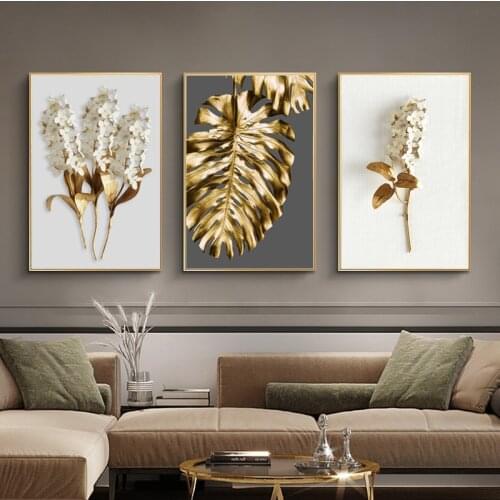 Abstract Golden Leaf Flower Canvas Painting Nordic Plants Poster Wall Art Print Picture Modern Aisle Living Room Home Decor