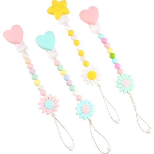 Baby pacifier clip teether holder soother toy chain chewable food-grade silicon beads and sun flower feather BPA free
