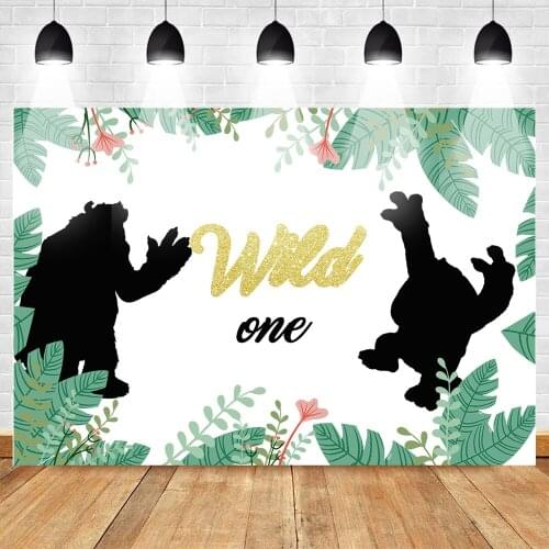 Wild One Themed Birthday Photography Backdrop Animal Cartoon Birthday Background for Party Decoration Gold Glitter Green Leaves