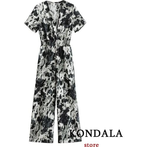 KONDALA Womens Jumpsuit Za Fashion 2021 Tie Dye V-Neck Contrast Printing Elegant Elastic Waist Rompers Female Jumpsuit Bodysuit