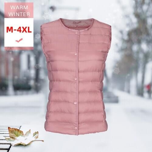 M-4XL Women Fashion White Duck Down Vest Female ultra Light Slim Thin Casual O-Neck Windproof Warm Waistcoat Covered Button