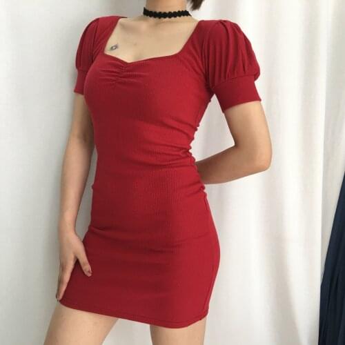 Fashion Spring Womens Dress 2021 Elegant Puff Sleeve Square Collar Knitted High Waist Female Dresses Casual Solid Mini Dress
