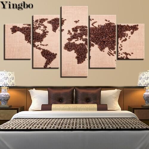 Modular Diamond Painting 5 Pieces Coffee Beans World Map Paintings mosaic diamond Embroidery sale Home Decor full square