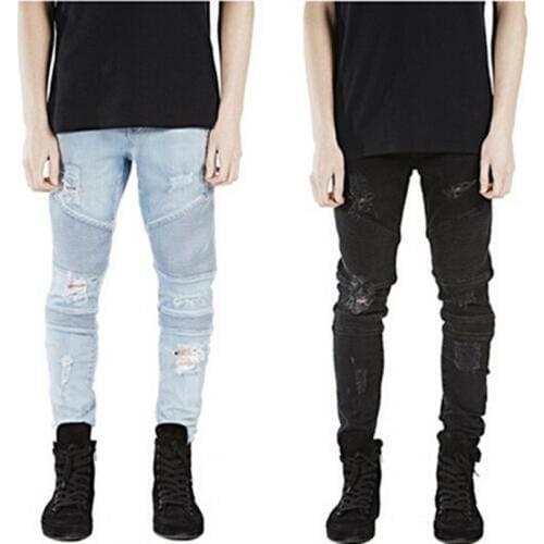 Mens Biker Jeans Skinny Rock Ripped Jeans Casual Hip Hop Streetwear Hole Jeans Elastic Slim Fit Motorcyca Denim Pants Black