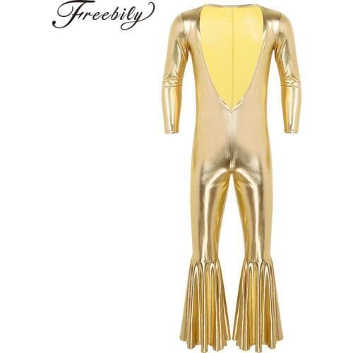 Mens Shiny Metallic Deep V Neck Open Chest Long Sleeves Bell Bottom Flare Leotard Bodysuit Catsuit Clubwear Sexy Club Costume