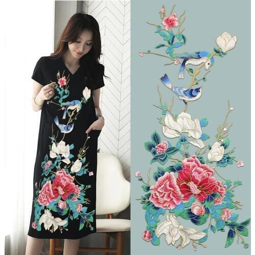1 Piece High Quality Large Size Embroidered Magnolia Peony Flower Patches for Clothes Sew On DIY Applique Embroidery Bird Patch
