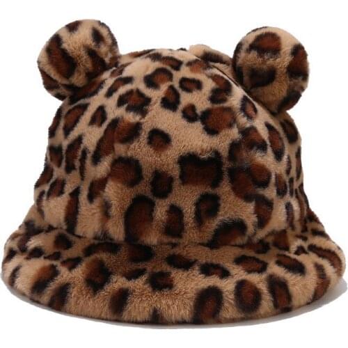 New cute Autumn Winter Leopard Fur Bucket Hat Bear Ear Ball Plush Fisherman Hat Soft Warm Thick Basin Hat Protection Bucket Hats