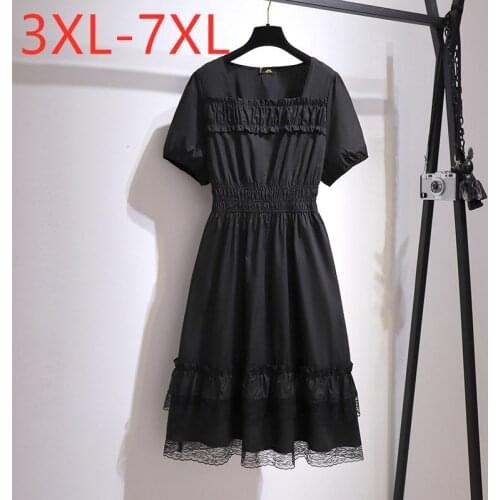 New 2021 Ladies Summer Plus Size Dress For Women Large Short sleeve Slim Cotton Black Ruffle Lace Dress 3XL 4XL 5XL 6XL 7XL