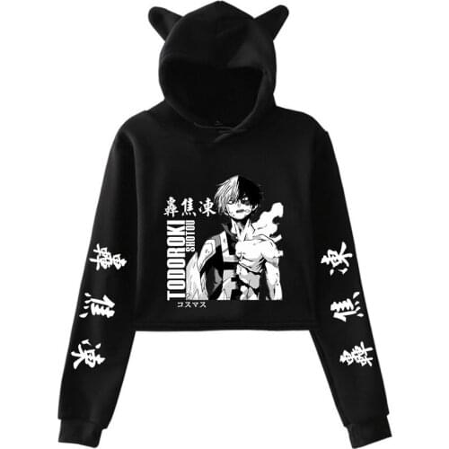 New My Hero Academia Cat ear Cropped Hoodies womens Long Sleeve Sweatshirt Crop Top girl Hooded Anime Shoto Todoroki pullover