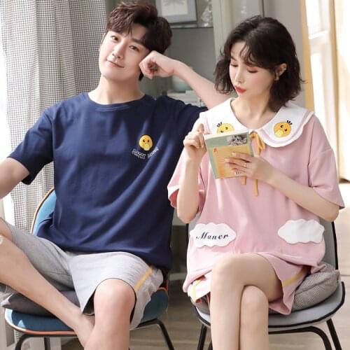 SLPBELY Couple Pajamas Set Sleepwear Summer Cotton Lovely Cartoon Short Sleeve Shorts Men And Women Nightwear Pyjamas Homewear