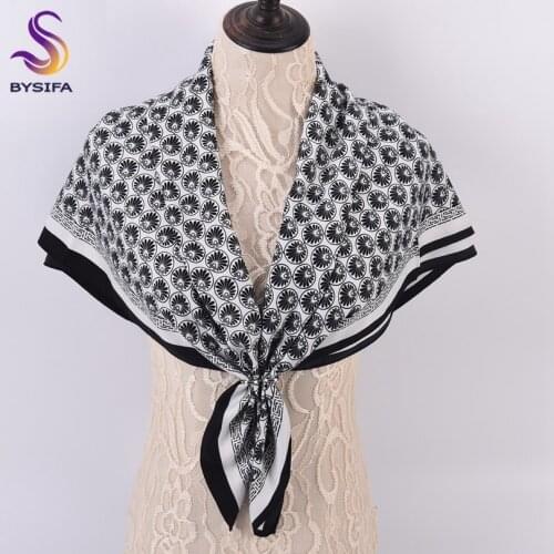 BYSIFA| Female Black Large Square Scarves Bandana Floral Design Satin Silk Scarf Fashion Brand Scarves Foulard Printed 90*90cm