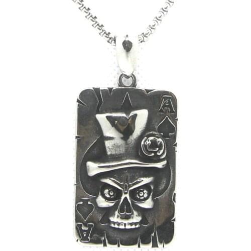 Poker Card Skull Pendant 316L Stainless Steel Gothic Biker Punk Magician Necklace 65cm Chain