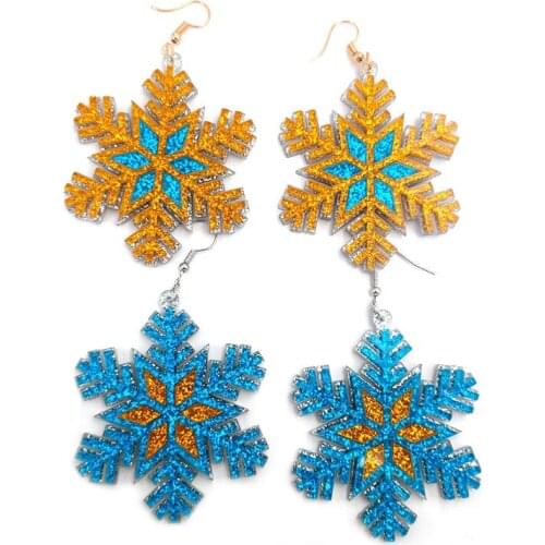 Lovely Shiny Yellow Blue Mix Color Snowflake Acrylic Earrings Christmas Fashion Lovely Dangle Earrings Unique Holiday Jewelry