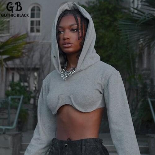 Gothblack Hoodie Solid Hooded Casual Long Sleeve Ultra Short Pullover Tops Back To Basics Streetwear Fashion Sexy Women Clothes