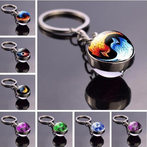 Yin Yang Tai Chi Jewelry Rose Flower Glass Ball Keychain Yinyang Black and White Pendant Key Rings Christmas Gifts
