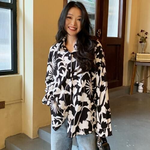 Womens Korean Design Sense Retro Niche Flower Long Sleeve Shirt Shirt All-Match Photo Color One Size