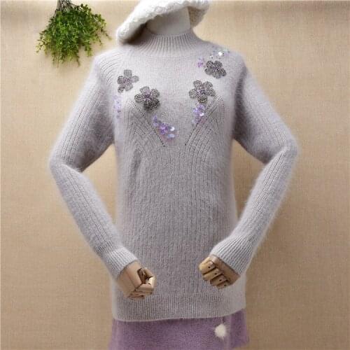 Ladies women autumn winter fashion beaded flower angora rabbit hair knitwear long sleeves slim blouses pullover jumper sweater