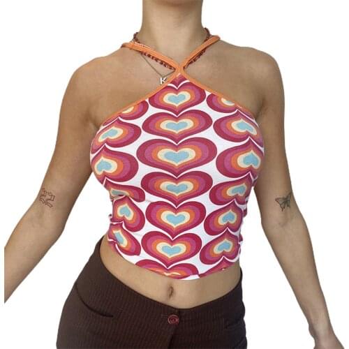Y2k Womens Fashion Love Heart Halter Vest Print Tops Slim Fit Sleeveless Lace-up Cropped Tops for Summer 2021