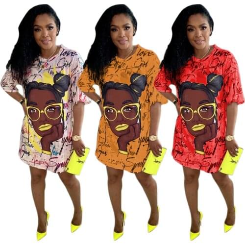 New 2021 Women Graffi African Girl Print O-neck Short Sleeve Slim Dress for Fashion Classic Summer Dresses