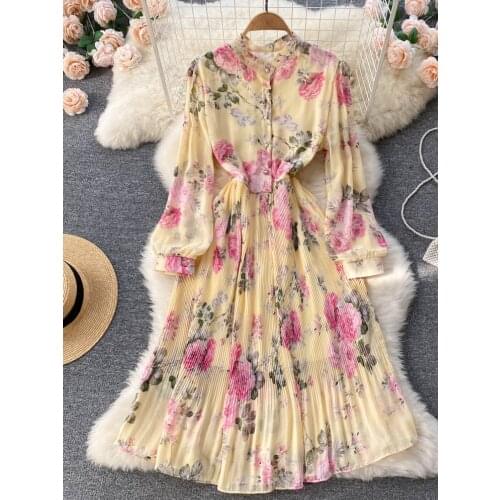 Spring Autumn Holidays Womens Chiffon Printed Pleated Beach Dress 2021 Vintage Elegant O-Neck Maxi Dress With Belt Femme Robe