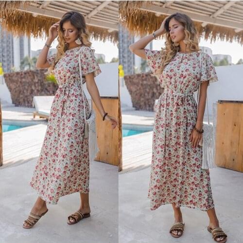 Summer Flowers Print Beach Dress Women 2020 Vintage Elegant Short Sleeve Bandage High Waist Boho Maxi Dresses Robe Gown Vestidos