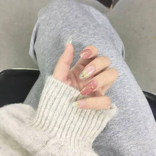 24pcs/boxed Gold Star Mon Full Cover Fake Nail with Design 3D With the sticky glue at the back For Finger fake acrylic nail tips