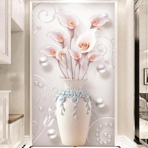 Hot sale custom size modern 3d stereo aisle fan tulip vase wallpaper mural flower living room bedroom dining room PVC silk