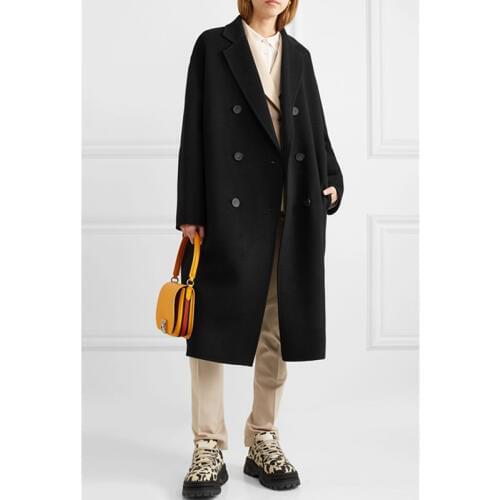 Black Solid Long Winter Fashion Wool Coats Women Double Breasted Wool Blend Coat Jacket Wide-waisted Long Coat Female Femenino