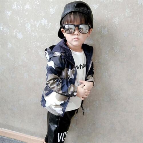 Kids Jacket Overcoat 3-14 Years Spring Autumn Baby Boy Camouflage Charge Trench Clothes Fashion Zipper Hooded Coa