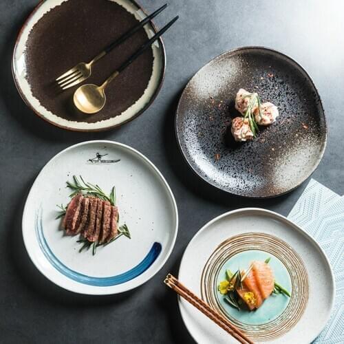 CHANSHOVA Retro Style Ceramic An irregular circular shape Dinner Plate Steak Dish Dessert Tray Porcelain Kitchen Utensils H086