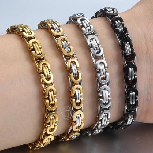7/9/11mm Mens Bracelet Stainless Steel Byzantine Link Chain Gold Black Bracelets Male Jewelry 7-11" KBB1