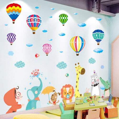 Cartoon Animals Wall Stickers DIY Hot Air Balloons Wall Decals for Kids Rooms Baby Bedroom Children Nursery Home Decoration