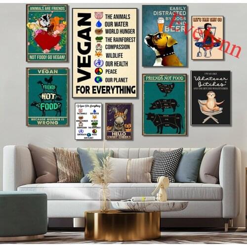 Vegan Wall Art Poster,Animal Art Donkey,Sloths,Dogs And Beer,Chicken, Sheep Pigs Kitchen Decor Canvas Toilet Decor Prints Gift