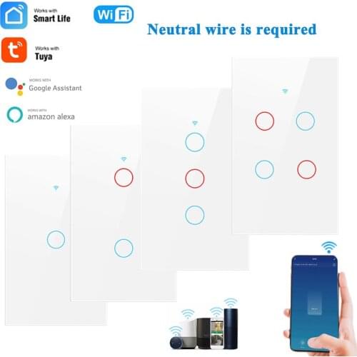 1/2/3/4 Gang 16A US BR TUYA WiFi Smart Touch Light Wall Button Switch Neutral Wire Timer APP Smart Life For Alexa Google Home