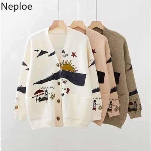 Neploe Japanese Fashion Plus Size Cardigans Autumn Winter Chic Print Pattern Knitted Sweaters Korean V-neck Oversized Tops