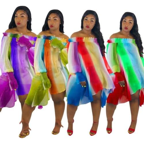 New women summer off shoulder rainbow chiffon lantern long sleeve loose dress beach party irregular dresses 4color Plus Size 3XL