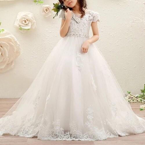 Long Trailing Flower Girl Dresses for Wedding Beading Lace White Holy Communion Dress Backless Kids Pageant Dress for Birthday