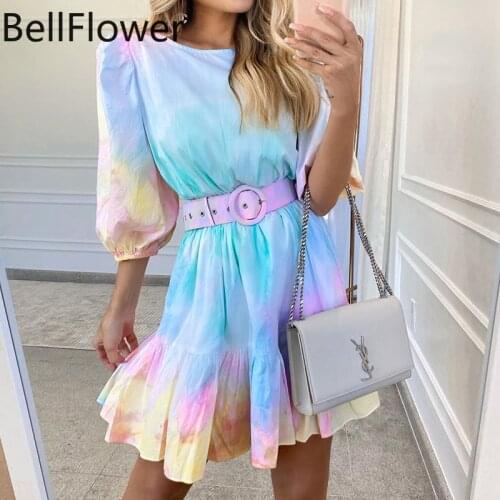 Tie Dye Casual Mini Dress Ruffle Lantern Sleeve O-Neck Pullover High Waist Neon Green Party Dress Woman Clothes Dropshipping