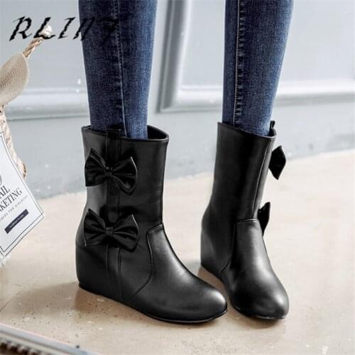 RLINF Versatile Leather Flat Boots Bow Side Zipper Thick with Velvet Womens Boots