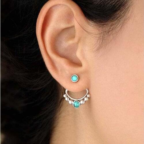 New Fashion Turquoise Stud Ear Clip Front Back Combination Earrings Bohemian Retro Earrings for Women Dress Accessories Jewelry
