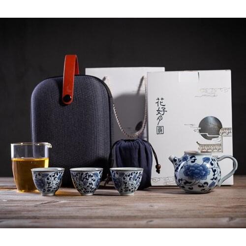 Retro Blue and White Travel One Pot Fills Three Cups Tea Set Convenient Kung Fu Tea Set Tea Pot and Cup Set Ceramic Tea Set