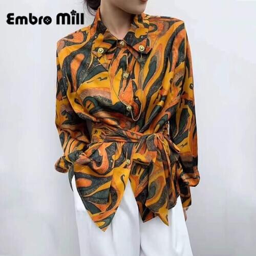 Vintage Printing Shirt Long-Sleeved Womens Spring And Autumn New Button Design Elegant Street Style Top M-XXL