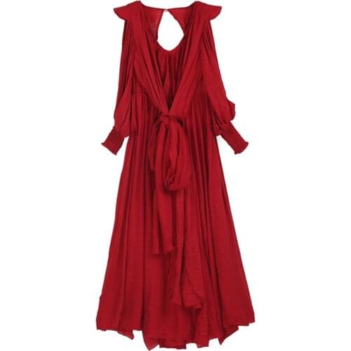 Wine Red Retro Vintage Maxi Dress Spring Summer V Neck Sexy Strapless Long Sleeve Cotton Linen Dress Women Ethnic Dresses