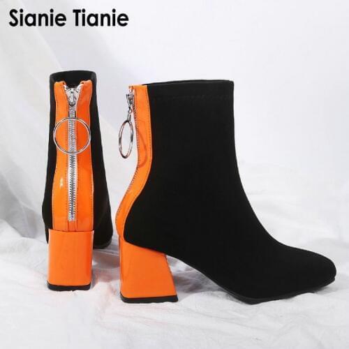 Sianie Tianie contrast color orange black block high heels shoes woman stretch fabric women ankle boots socks booties size 45 46