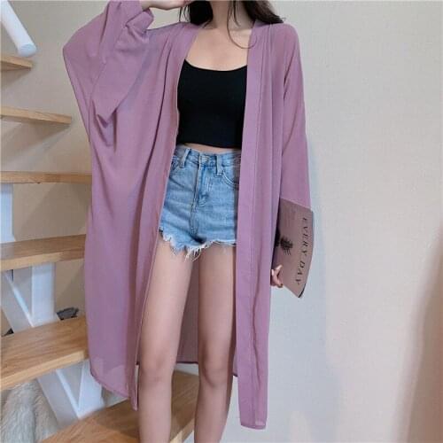 New Women Summer Sleeve Solid Color Anti Sun Thin Cardigan Midi Coat Female Summer Beach Kimono Long Covers Up Bikini