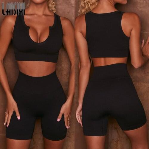 Womens 2-piece Set Women Summer Running Fitness Sportswear Sleeveless Sexy Crop Tops V-neck Bra Casual Suits Womens Tracksuit