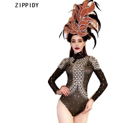 Long Sleeves Silver Rhinestones Black Bodysuit Bar Women Dance Team Outfit Spandex Wear Feather Stone Headdress