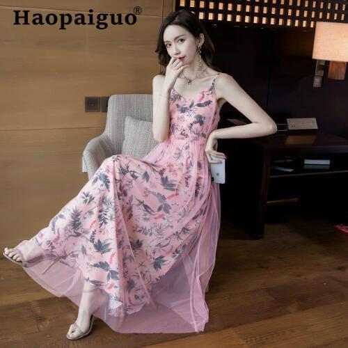 Print Floral Casual Dress Summer 2019 Spaghetti Strap Sleeveless Maxi Dress Women Mesh Patchwork Beach Dress Plus Size Sukienki