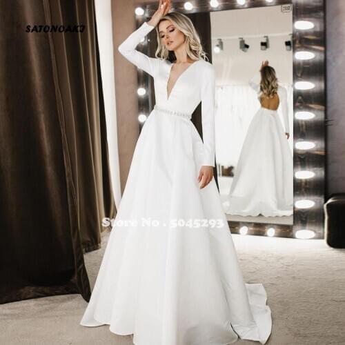 2020 Simple V-neck Long Sleeves Wedding Dress Satin Beaded Open Back Robe De Mariee Customized A-line Bridal Gown Online Shop