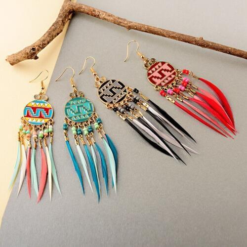 2019 Egypt Multicolor Bohemian Tassel Earrings For Women Jhumka Indian Jewelry Ethnic Geometric Alloy Beaded Feather Earrings